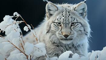 ai gerado majestoso neve leopardo olhando fixamente, beleza dentro natureza gerado de ai foto