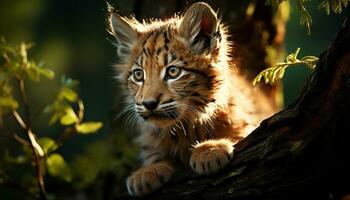 ai gerado fofa listrado tigre olhando às Câmera dentro floresta gerado de ai foto