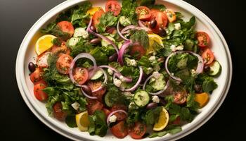 ai gerado fresco salada com tomate, pepino, e frondoso verduras gerado de ai foto