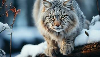 ai gerado neve coberto floresta, tigre andando, encarando com foco gerado de ai foto
