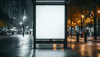 ai gerado iluminado Painel publicitário brilha dentro a cidade noite céu gerado de ai foto