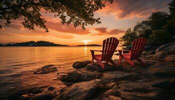 ai gerado pôr do sol sobre tranquilo água, natureza beleza dentro relaxamento gerado de ai foto