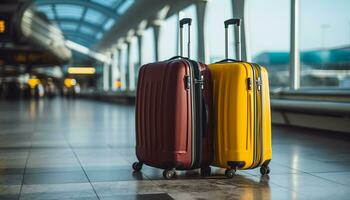 ai gerado esperando dentro aeroporto terminal, bagagem carrinho, o negócio viagem gerado de ai foto