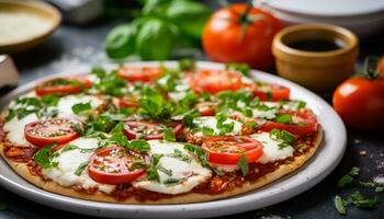 ai gerado frescor e sabor em uma caseiro vegetariano pizza gerado de ai foto