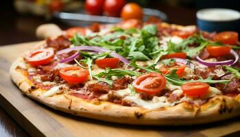 ai gerado recentemente cozido caseiro pizza em rústico de madeira mesa gerado de ai foto