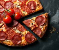 ai gerado fechar acima do uma gourmet pizza fatia com salame gerado de ai foto