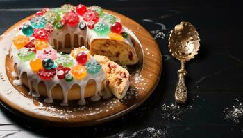 ai gerado doce Comida em madeira mesa, fechar acima, caseiro sobremesa gerado de ai foto