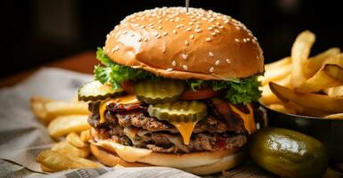 ai gerado grelhado hamburguer com fritas, queijo, e tomate gerado de ai foto