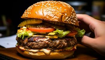 ai gerado grelhado gourmet hamburguer com queijo, tomate, e cebola gerado de ai foto