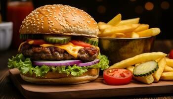 ai gerado grelhado carne hamburguer com queijo, fritas, e salada gerado de ai foto