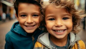 ai gerado sorridente crianças abraçar, exibindo despreocupado felicidade gerado de ai foto