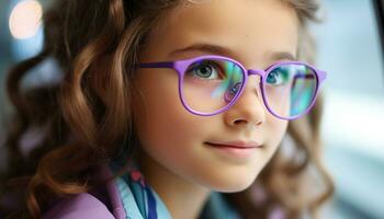 ai gerado sorridente menina com Óculos, inocência e felicidade gerado de ai foto