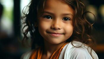 ai gerado sorridente criança, felicidade dentro retrato, olhando às Câmera gerado de ai foto