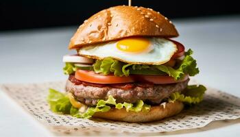 ai gerado grelhado hamburguer com queijo, tomate, e gourmet pão gerado de ai foto