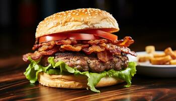 ai gerado grelhado carne hamburguer com queijo, tomate, e fritas gerado de ai foto