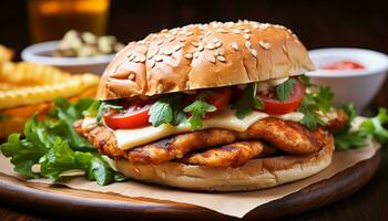 ai gerado grelhado carne hamburguer em uma gourmet pão gerado de ai foto