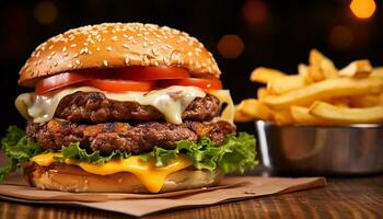 ai gerado grelhado carne hamburguer com queijo e fritas gerado de ai foto