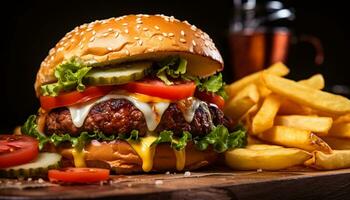 ai gerado grelhado hamburguer com queijo, tomate, e fritas gerado de ai foto