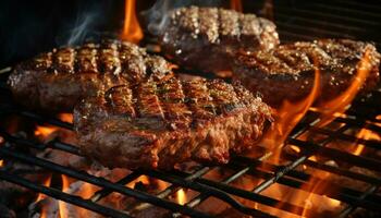 ai gerado grelhado carne chia em quente churrasco chamas gerado de ai foto