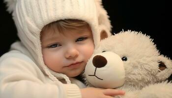 ai gerado fofa bebê sorridente, segurando Urso de pelúcia urso, abraçando inocência gerado de ai foto