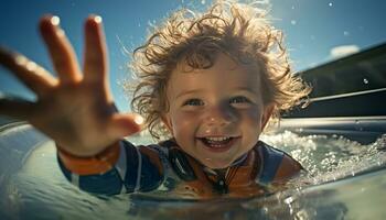 ai gerado sorridente criança goza brincalhão verão Diversão ao ar livre gerado de ai foto