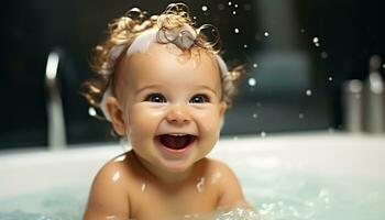 ai gerado sorridente criança desfrutando uma borbulhante banho às casa gerado de ai foto