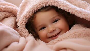 ai gerado fofa bebê menina sorridente, alegre, jogando com cobertor gerado de ai foto