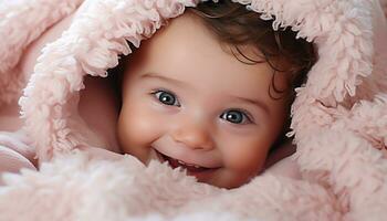 ai gerado fofa bebê menina sorridente, alegre, pequeno retrato do felicidade gerado de ai foto