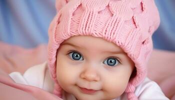 ai gerado fofa bebê menina com azul olhos sorridente gerado de ai foto