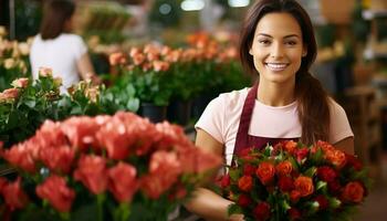 ai gerado sorridente florista trabalhando dentro flor comprar, proprietário felicidade gerado de ai foto