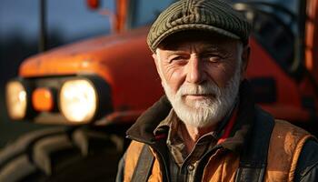 ai gerado Senior homem, agricultor, trabalhando ao ar livre, olhando às Câmera gerado de ai foto