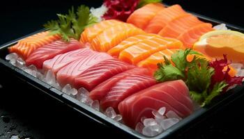 ai gerado frescor e variedade em uma prato do Sushi gerado de ai foto
