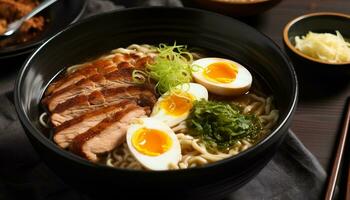 ai gerado fechar acima do uma delicioso carne de porco ramen tigela gerado de ai foto