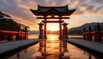 ai gerado pôr do sol ilumina antigo pagode, refletindo beleza dentro tranquilo cena gerado de ai foto