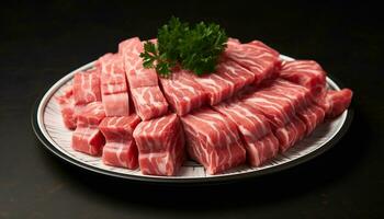 ai gerado fresco carne de porco bife em placa, perfeito para churrasco gerado de ai foto