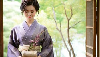 ai gerado lindo gueixa dentro Yukata, sorridente no meio cereja flores gerado de ai foto