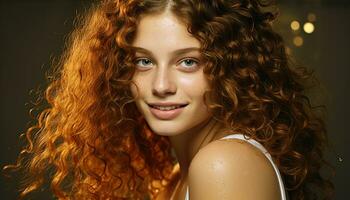 ai gerado lindo jovem mulher com encaracolado Castanho cabelo sorridente às a Câmera gerado de ai foto