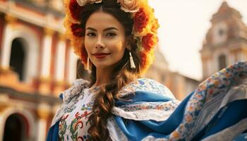 ai gerado sorridente jovem mulher dentro tradicional vestir, olhando às Câmera gerado de ai foto