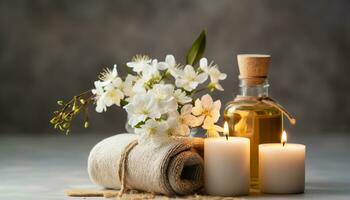 ai gerado aromaterapia vela, toalha, flor, natureza, relaxamento, spa tratamento gerado de ai foto