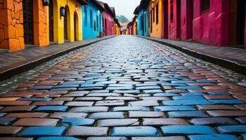 ai gerado vibrante colori calçada portuguesa caminho conduz para antigo arquitetura gerado de ai foto