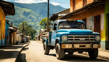 ai gerado velho formado carro dirigindo através a cubano campo gerado de ai foto