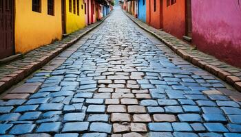 ai gerado antigo calçada portuguesa calçada conduz para vibrante colori construção gerado de ai foto