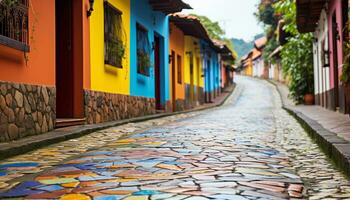 ai gerado antigo prédio, vibrante cores, calçada portuguesa, história, viagem destino gerado de ai foto