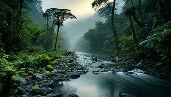 ai gerado tranquilo cena do fluindo água dentro uma floresta gerado de ai foto