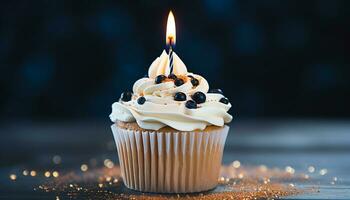 ai gerado aniversário bolo com vela, glacê, e decoração gerado de ai foto