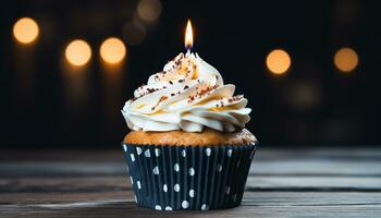 ai gerado aniversário bolo com vela, glacê, e chocolate decoração gerado de ai foto