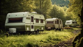 ai gerado acampamento aventura dentro natureza, motor casa viaja gerado de ai foto