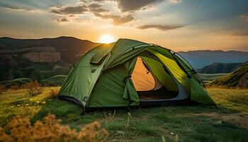 ai gerado acampamento aventura dentro natureza, montanhas, barraca, pôr do sol gerado de ai foto