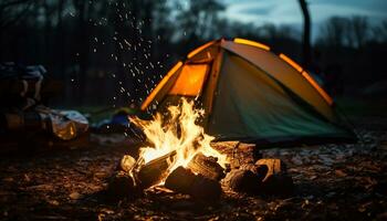 ai gerado acampamento aventura, fogo, barraca, natureza, ao ar livre, relaxamento, culinária, turismo gerado de ai foto