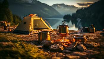 ai gerado acampamento dentro natureza, barraca, floresta, aventura, caminhada gerado de ai foto